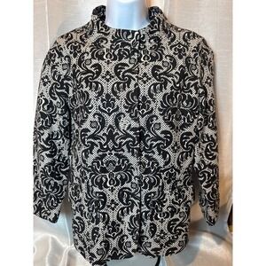 Talbots Black White Damask Print‎ Collarless Jacket Blazer Women Size 10